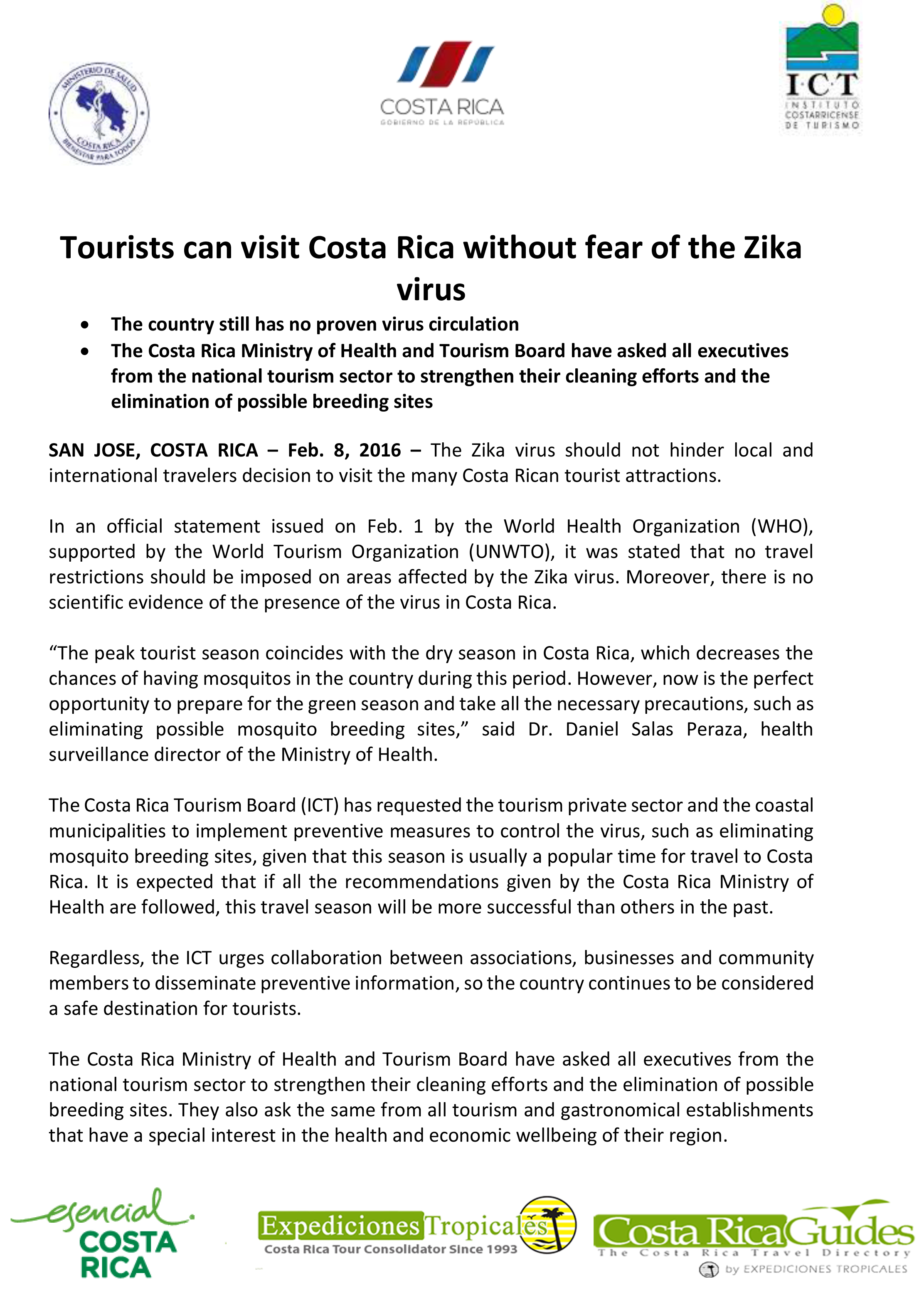 Tourists can visit Costa Rica without fear of the Zica Virus